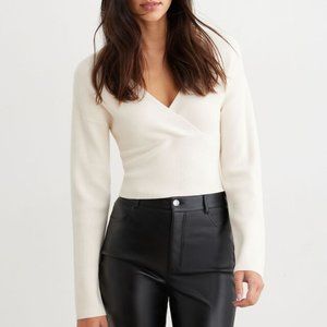 DYNAMITE Faux-Wrap Ribbed Sweater XS in cream/white NWT